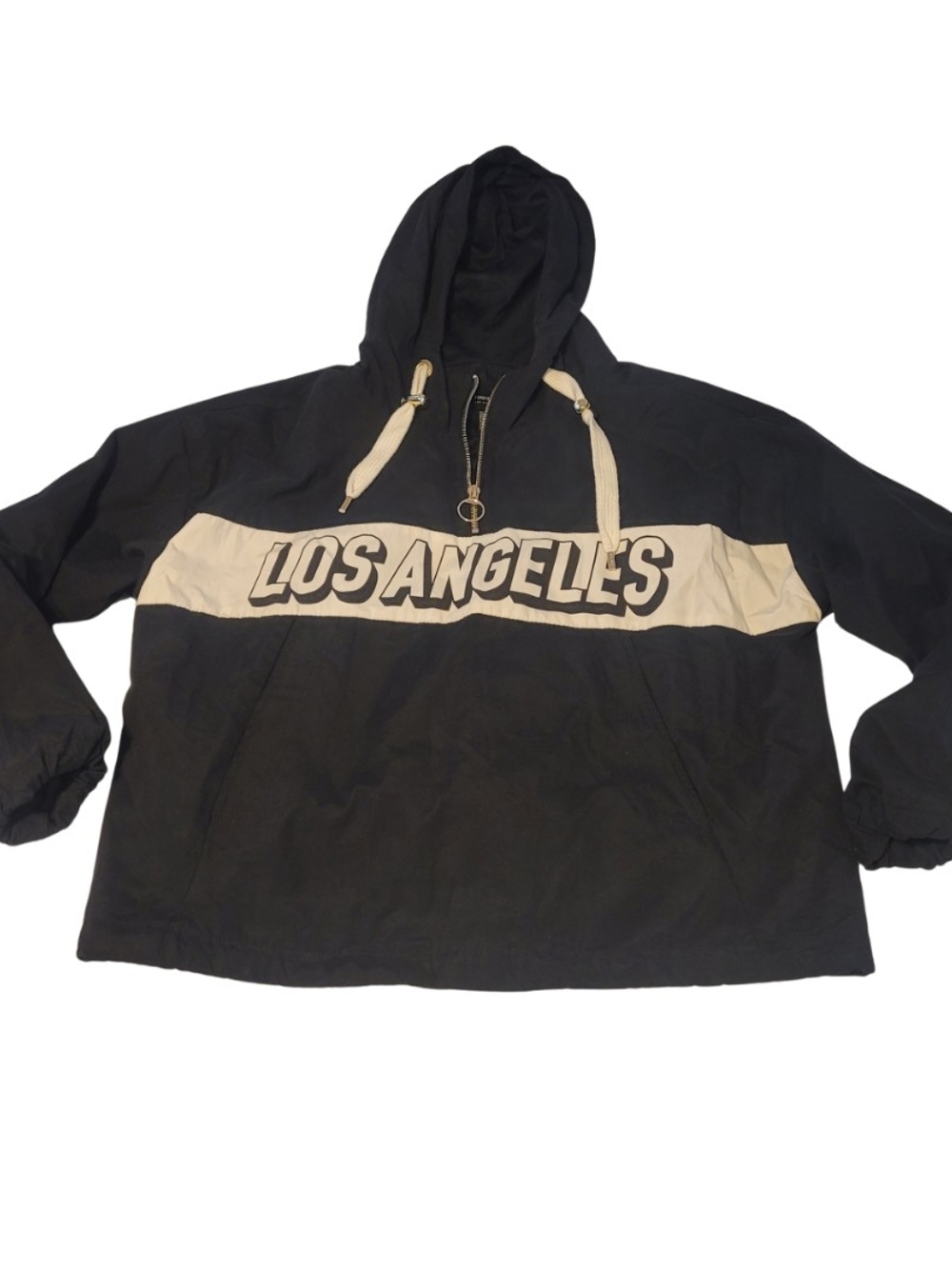 Forever 21 Black Hooded Windbreaker with Cream Los Angeles Panel